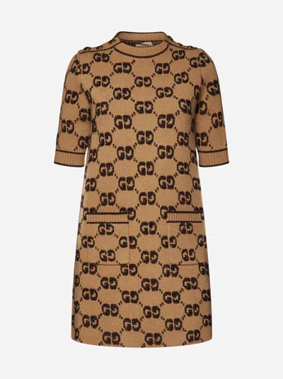 Gucci Gg Wool Knit Mini Dress In Camel