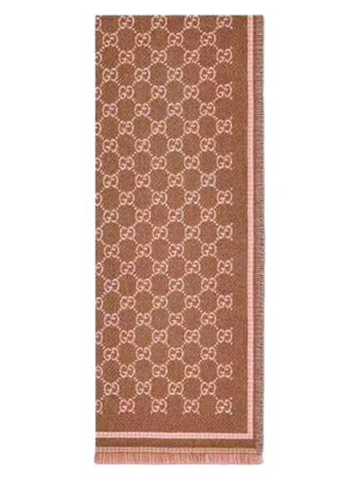 Gucci Gg Wool Scarf With Fringe Trim In Marrone