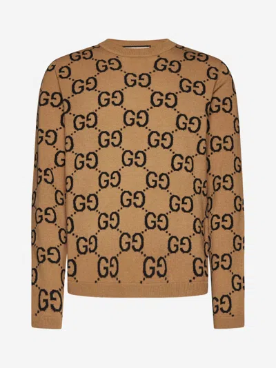 Gucci Jacquard Gg Motif Sweater In Black,camel