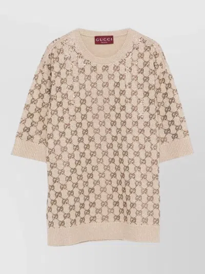 Gucci Gg Wool Sweater Crew Neck Short Sleeves In Neutral