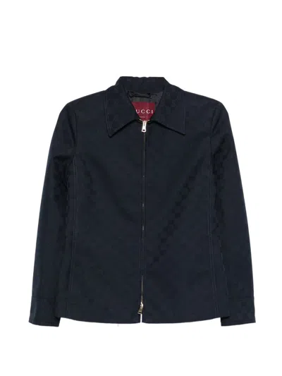 Gucci Checkered Jacket Collared Neck Front Pockets In Blue