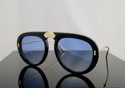 Pre-owned Gucci Gg0307s Black Foldable Sunglasses Light Blue Lens With Crystals 100% Uv