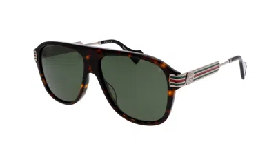 Pre-owned Gucci Gg0587s 002 Men's Havana Ruthenium Frame / Green Lens Sunglasses