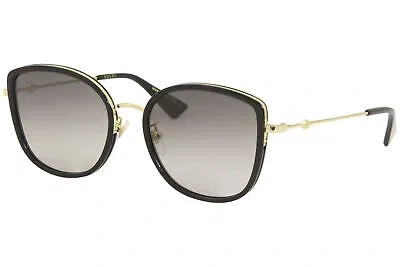 Pre-owned Gucci Gg0606sk 001 Sunglasses Women's Black-gold/grey Lenses Cat Eye 56mm In Gray