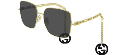 Pre-owned Gucci Gg0724s Gold With Gold Chain  Logo Charms/grey (001) Sunglasses In Gray