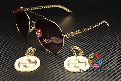 Pre-owned Gucci Gg0725s 003 Round Oval Gold Beige Red 61 Mm Women's Sunglasses