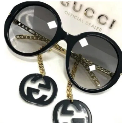 Pre-owned Gucci Gg0726s 726 001 Black Gold Grey Lens Round Women Sunglasses Gg Charm In Gray