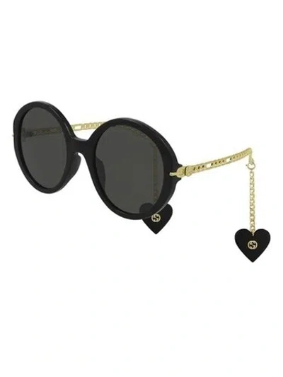 Pre-owned Gucci Gg0726s 726 005 Black Gold Grey Lens Round Women Sunglasses Heart Chain In Gray