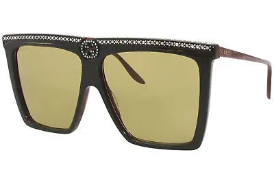 Pre-owned Gucci Gg0733s 005 Sunglasses Green-brown Horn/green Lenses Fashion Square 62mm In Gray