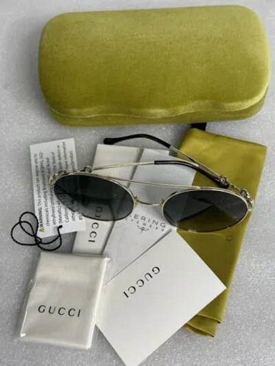 Pre-owned Gucci Gg0878s 001 Gold Havana Frame Grey Lens 59-20-140 Sunglasses Gg 0878 In Gray