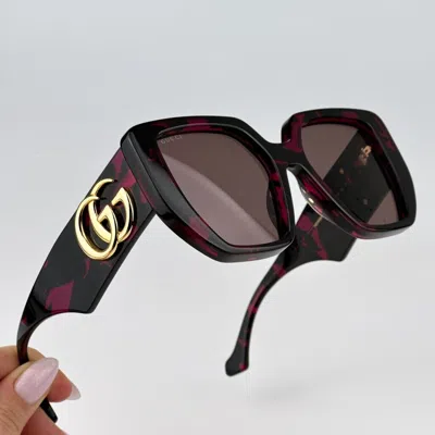 Pre-owned Gucci Gg0956s 008 Havana Violet Brown Cat Eye Unisex Sunglasses