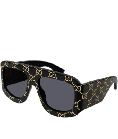 Pre-owned Gucci Gg0983s 004 Black Gold Grey Lens Soft Square Oversize Monogram Sunglasses In Gray