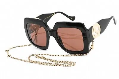 Pre-owned Gucci Gg1022s 005 Sunglasses Shiny Black Frame Brown Lenses 54mm
