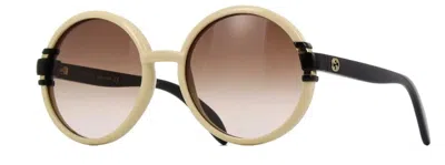 Pre-owned Gucci Gg1067s 003 Ivory Black/brown Gradient Round Women's Sunglasses