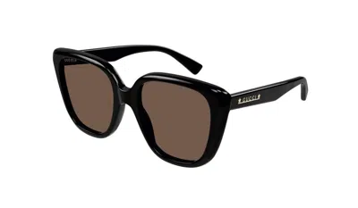 Pre-owned Gucci Gg1169s 001 Black/brown Polarized Oversized Cat-eye Women's Sunglasses In Gold