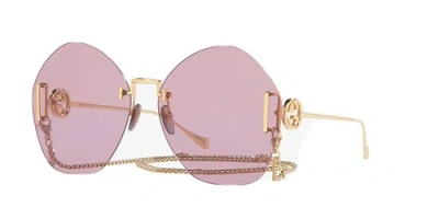 Pre-owned Gucci Gg1203s 001 Gold Violet Lens Gold Chain Women Sunglasses Authentic In Gray