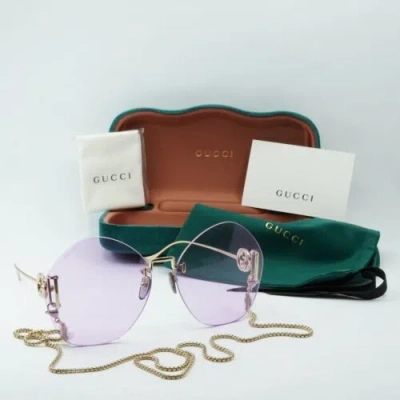 Pre-owned Gucci Gg1203s 001 Gold/violet With Gold Chain 65-16-140 Sunglasses Authentic In Purple