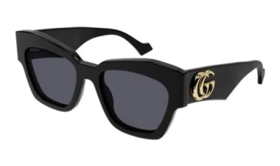 Pre-owned Gucci Gg1422s 001 Black Gold Dark Grey Lens Women Sunglasses Cat Eye Authentic In Gray