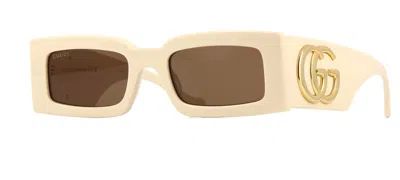 Pre-owned Gucci Gg1425s 004 Ivory White/light Brown Rectangle Women's Sunglasses