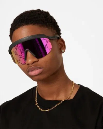 Pre-owned Gucci Gg1477s 004 Black Pink Mirror Gg Logo Lens Unisex Shield Sunglasses