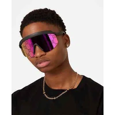 Pre-owned Gucci Gg1477s 004 Black Pink Mirror Gg Logo Unisex Shield Sunglasses Authentic