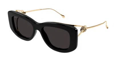 Pre-owned Gucci Gg1566s 001 Black-gold/grey Soft Cat Eye Women's Sunglasses In Gray