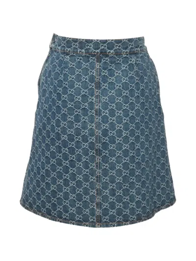 Pre-owned Gucci Gg-jacquard Denim Mini Skirt In Blue