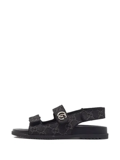 Pre-owned Gucci Gg-monogram Flat Sandals In Black