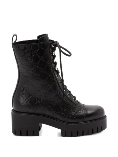 Pre-owned Gucci Gg-monogram Lace-up Boots In Black