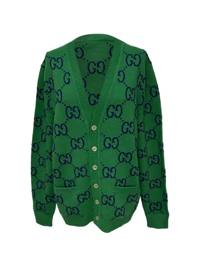 Pre-owned Gucci Gg-motif Knitted Cardigan In Green