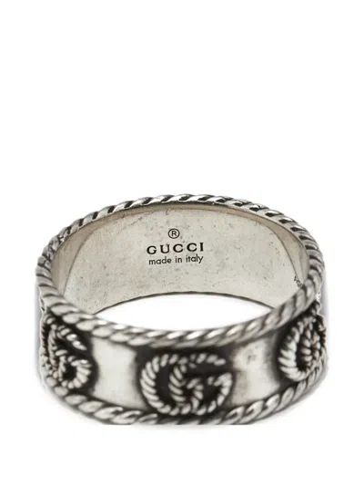 Pre-owned Gucci Gg-motif Rope-trim Ring In Silver