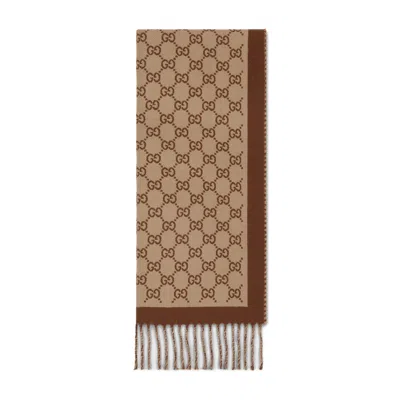 Gucci Gg-pattern Wool Scarf In Brown