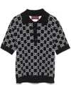 Gucci Black Polo Shirt With Ribbed Trims In Gg Canvas Woman In Black