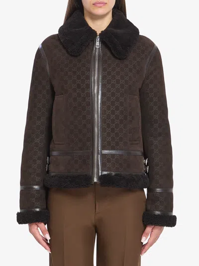 Gucci Giacca In Pelle Scamosciata E Shearling In Brown