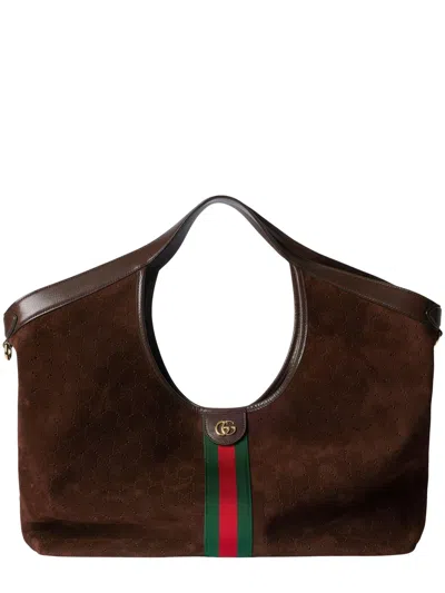 Gucci Giglio Large Perforated Gg Suede Shoulder Bag With Detachable Pouch In Brown