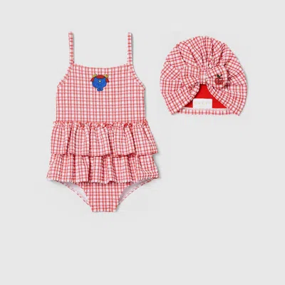 Gucci Babies' Gingham Swimsuit Set In Multi
