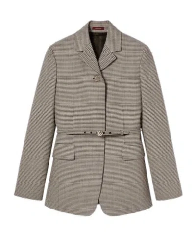 Gucci Gingham Wool Jacket With Belt In Gray