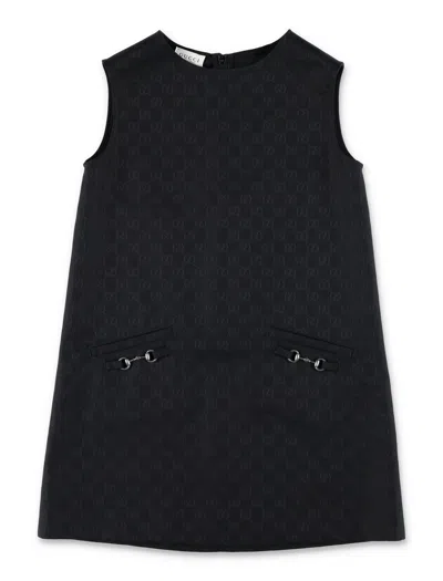 Gucci Girl Horsebit Gg Cotton Jacquard Mini Dress With Pockets In Nero