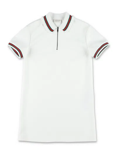 Gucci Girl's Technical T-shirt Polo Mini Dress With Web Stripe Detail In Bianco