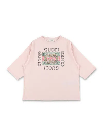 Gucci Girls Cotton Graphic T-shirt With Yuko Higuchi Artwork And Interlocking G Floral Print In Pink