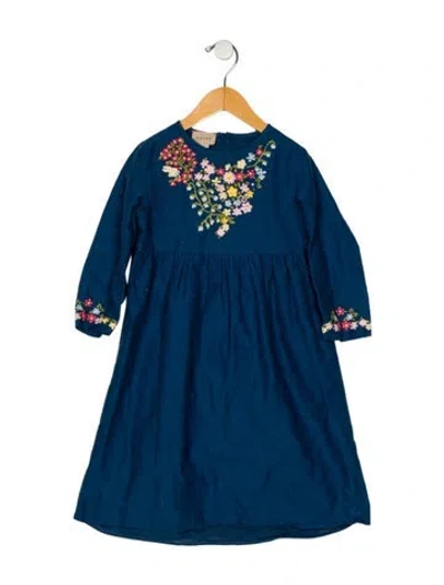 Pre-owned Gucci Babies' Girls' Embroidered Gg Jacquard Long Sleeve Dress In Blue