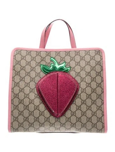 Pre-owned Gucci Kids' Girls' Gg Supreme Strawberry Tote Bag In Black