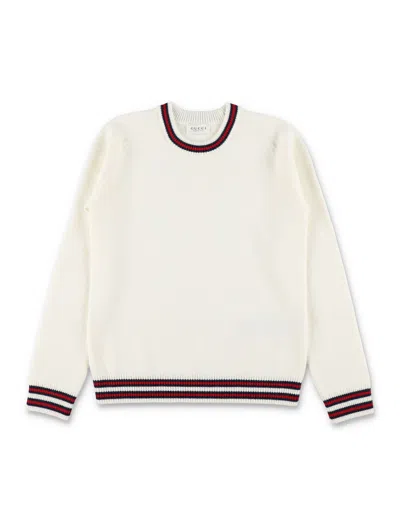 Gucci Girls Mini Wool Crewneck Sweater With Web-inspired Striped Trim In Bianco