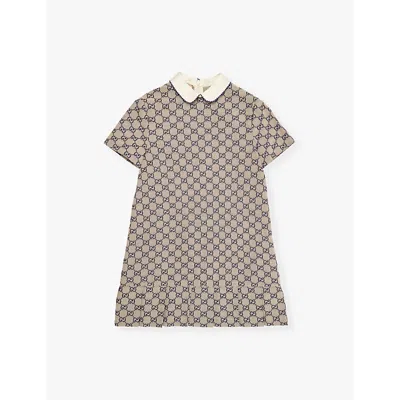 GUCCI OATMILK/BLUE MONOGRAM-PATTERN SHORT-SLEEVED COTTON-BLEND DRESS 4-12