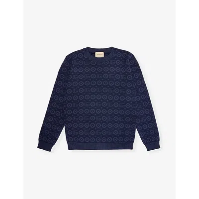 Gucci Girls Navy Kids Branded-pattern Wool-blend Knitted Jumper 4-12 Years In Blu
