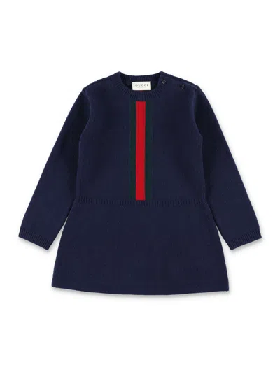 Gucci Girls Wool Knit Dress With Stripe Detail In Blue