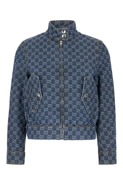Gucci Gg Monogram Denim Bomber Jacket In Blue