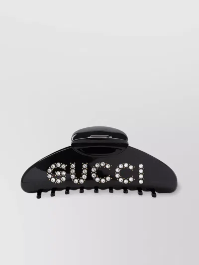 Gucci Glossy Finish Hair Grip Gg Rhinestone Embellishments In Black