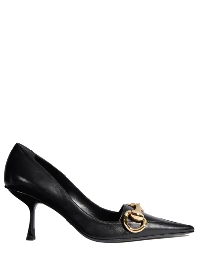 Gucci Glossy Vegetable-tanned Leather Stiletto Pumps With Decorative Stitching And Tapered Toe (75 M In Nero