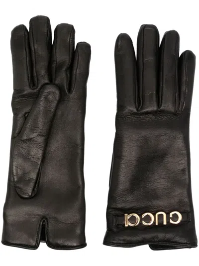 Gucci Logo-lettering Leather Gloves In Black